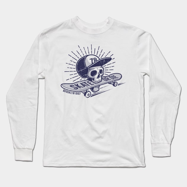 Skull in baseball cap keeps skateboard in his mouth Long Sleeve T-Shirt by Agor2012